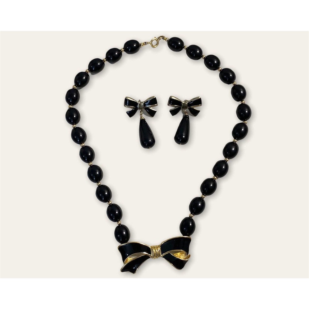 70s 80s vintage black beaded enamel bow necklace earring set Trifari